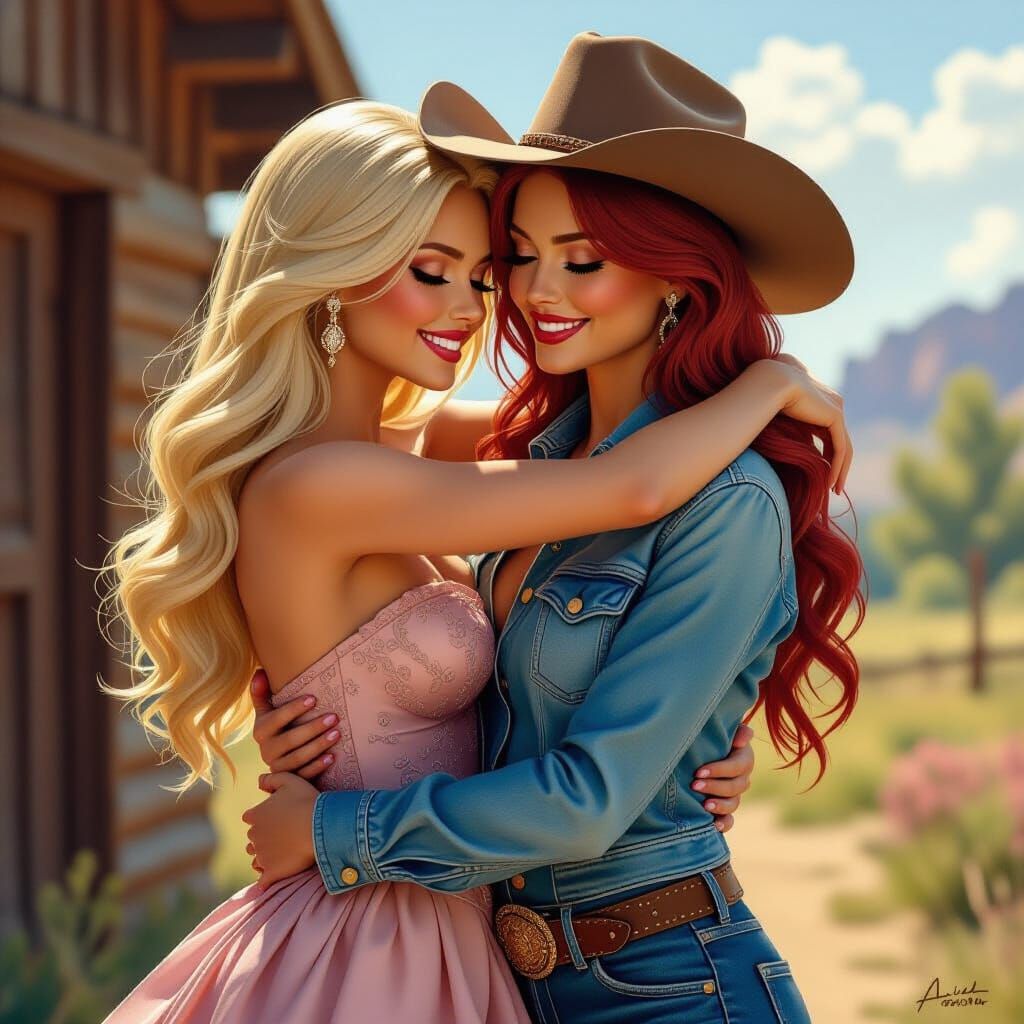 Heartfelt Embrace: Barbie and Cowgirl in Western Scene