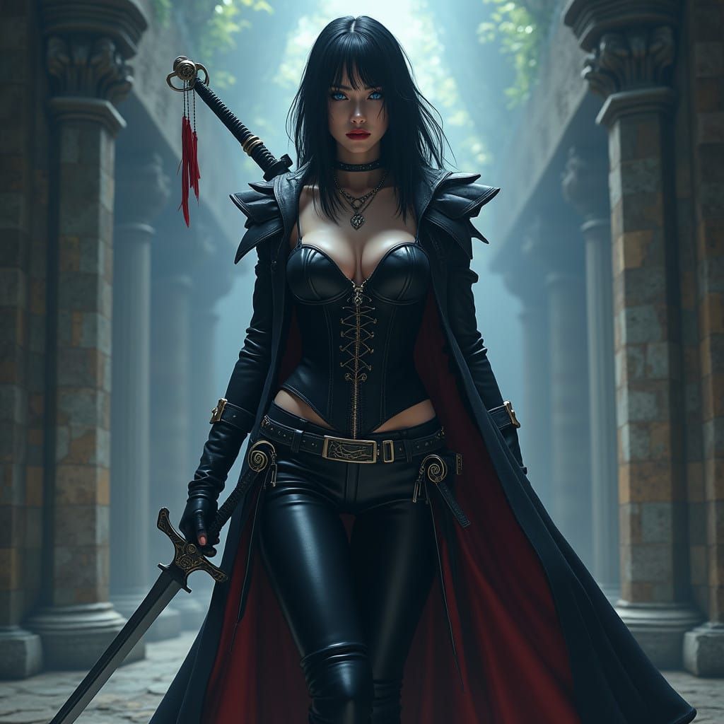 Mysterious Vampire Warrior in Dark Fantasy Landscape
