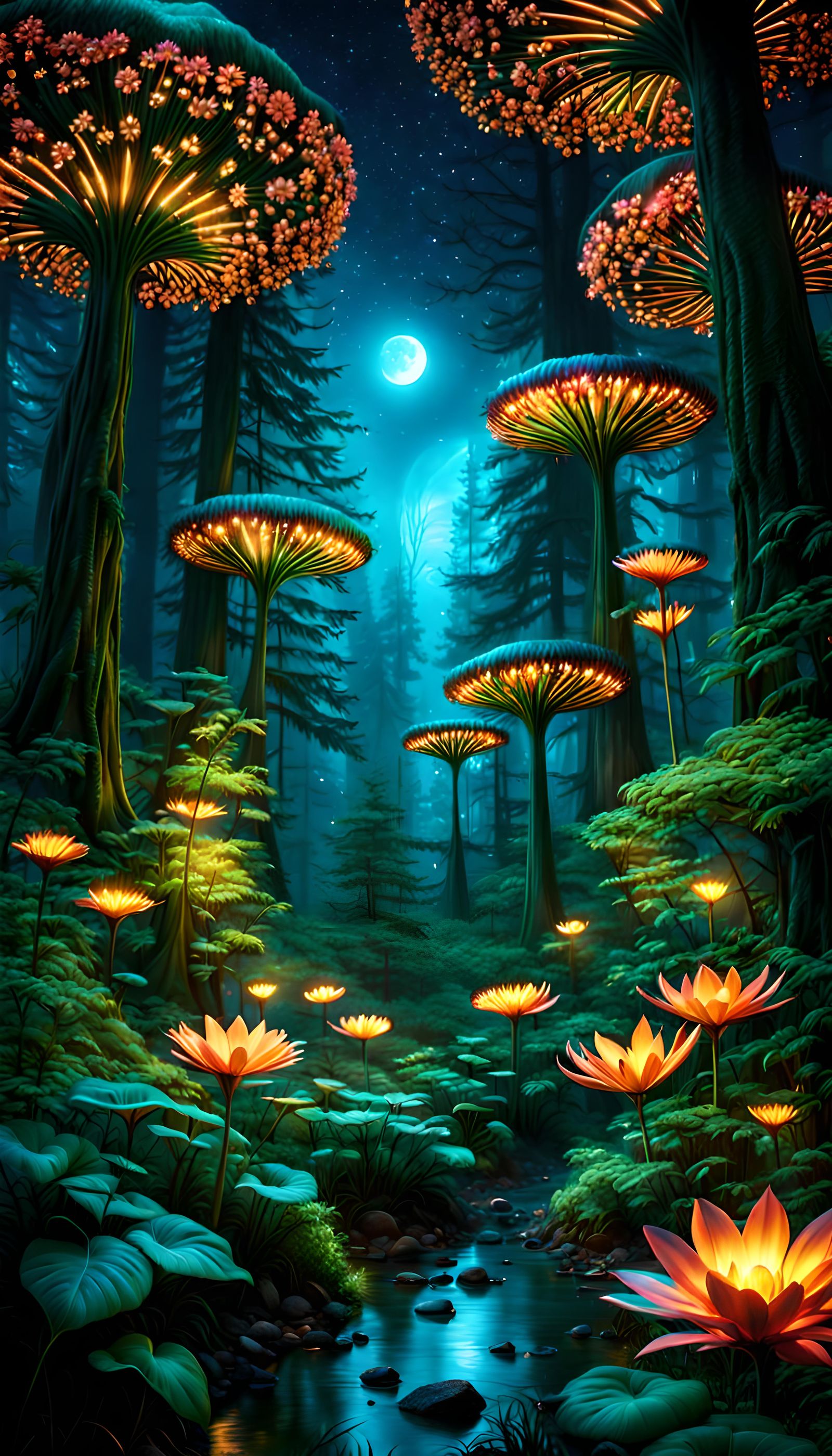 Enchanted Night Forest with Glowing Alien Flora