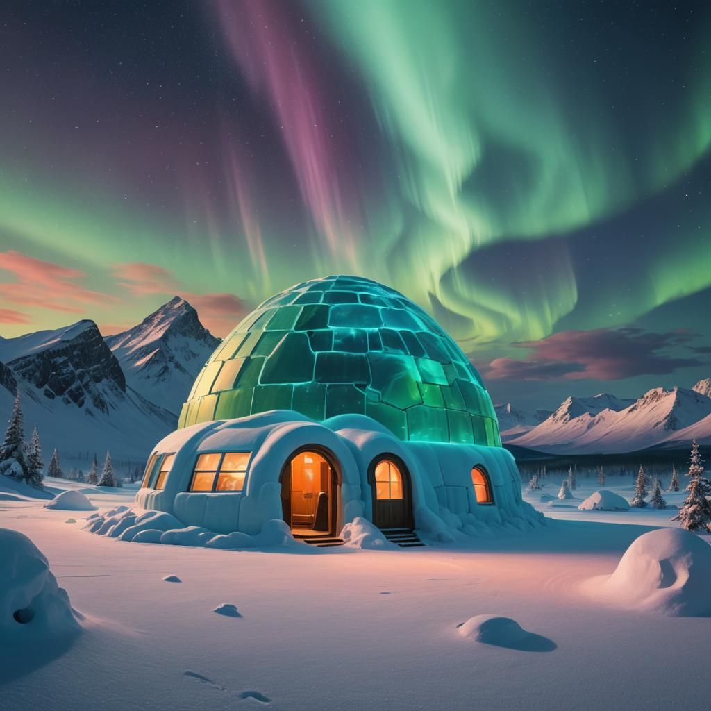 Igloo Under Northern Lights in Low-Poly Style