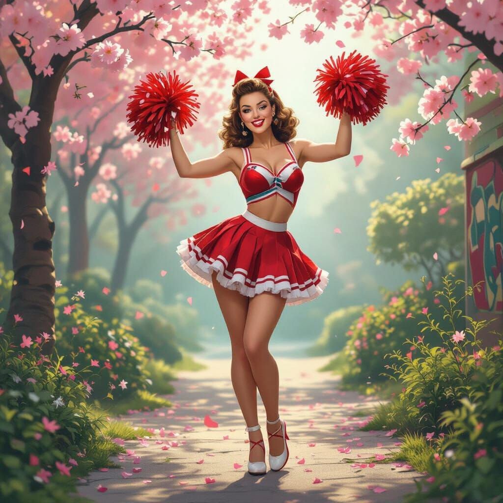 Vintage Cheerleader in Cherry Blossom Garden