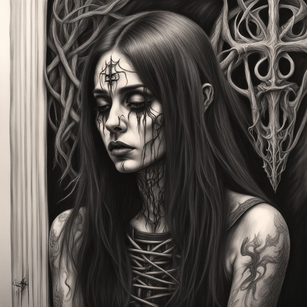 Sad Black Metal Musician: Hyperdetailed Charcoal Drawing