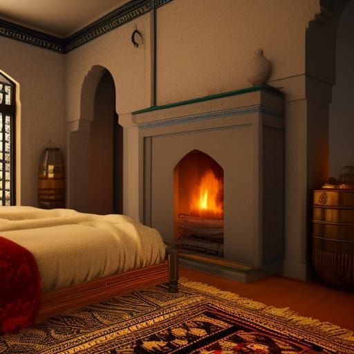 Cozy Moroccan Bedroom with Fireplace in 3D