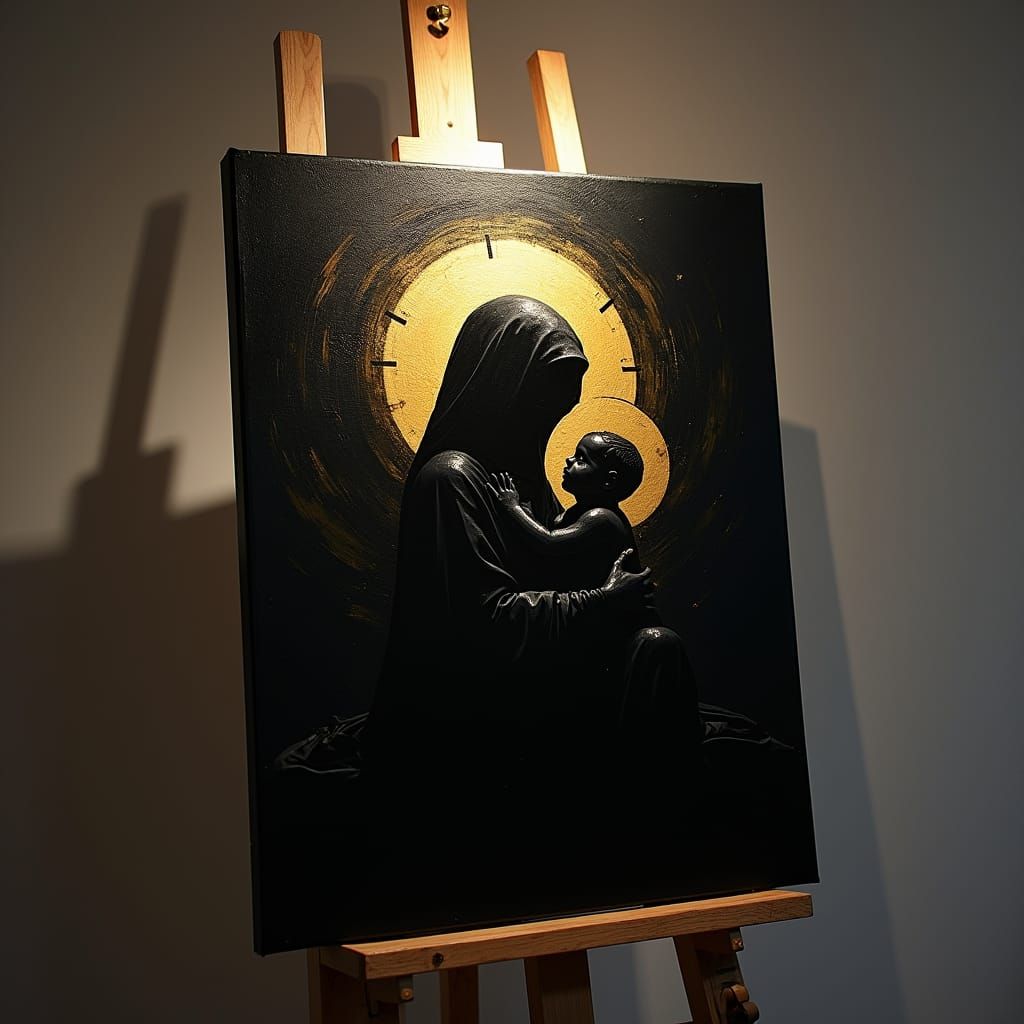 Black Madonna Painting with Golden Cross in Grunge Style