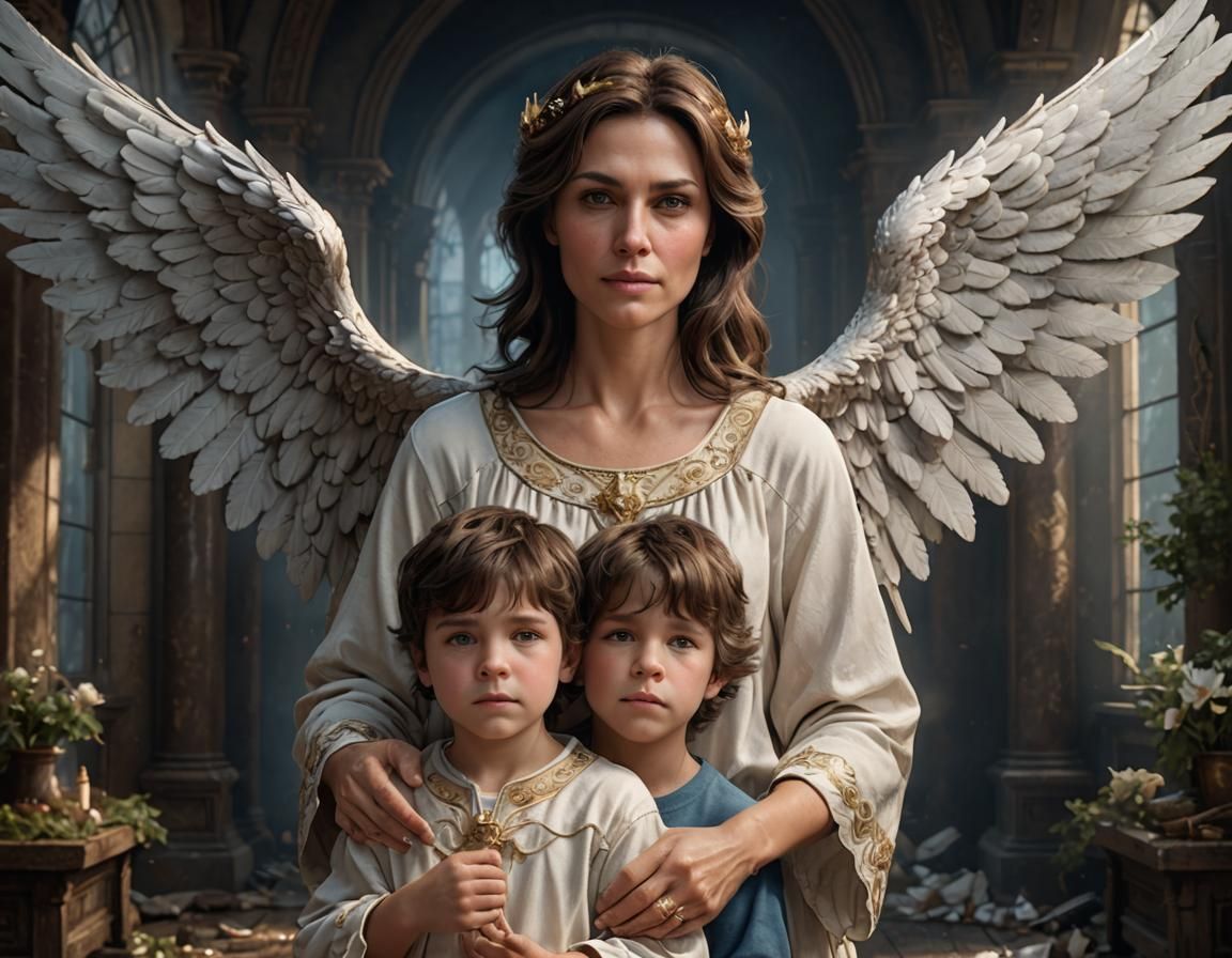 Brunette Mother and Sons Holding Angel Figurine