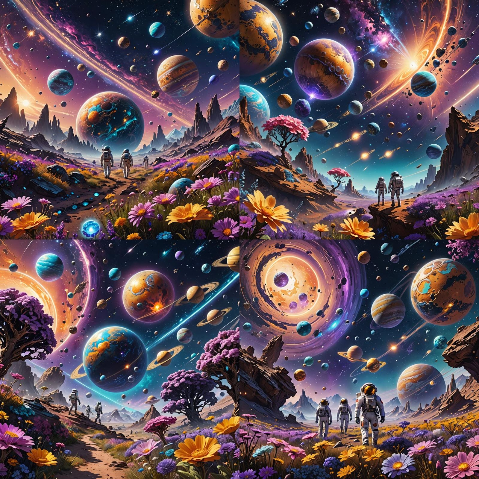 Surreal Space Scene with Planets and Spaceships