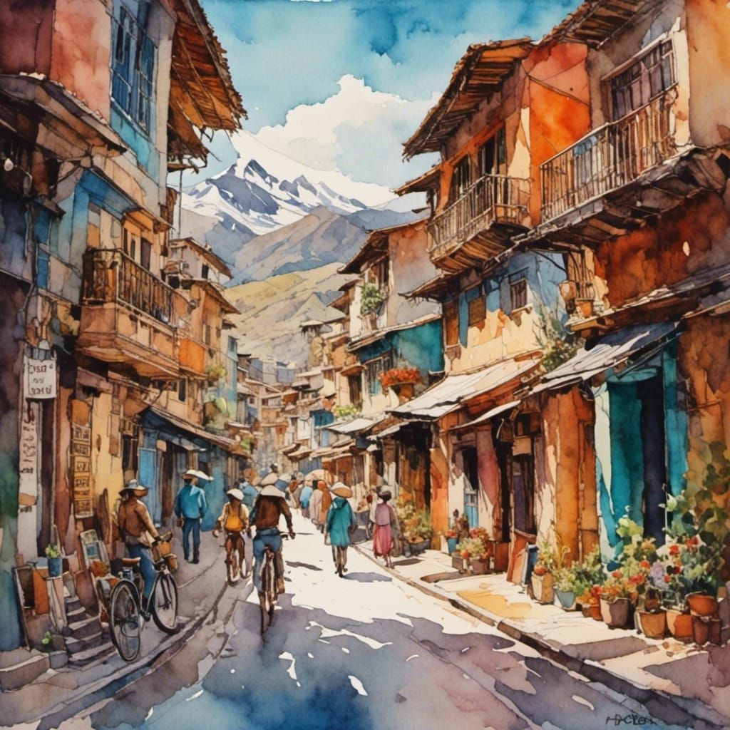 Romantic Watercolor Painting of Two Figures in Bolivia