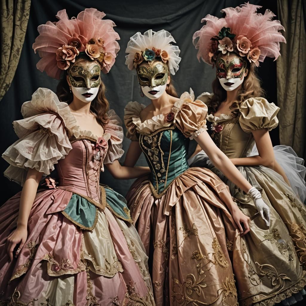 Girls in Crinoline Dresses with Carnival Masks