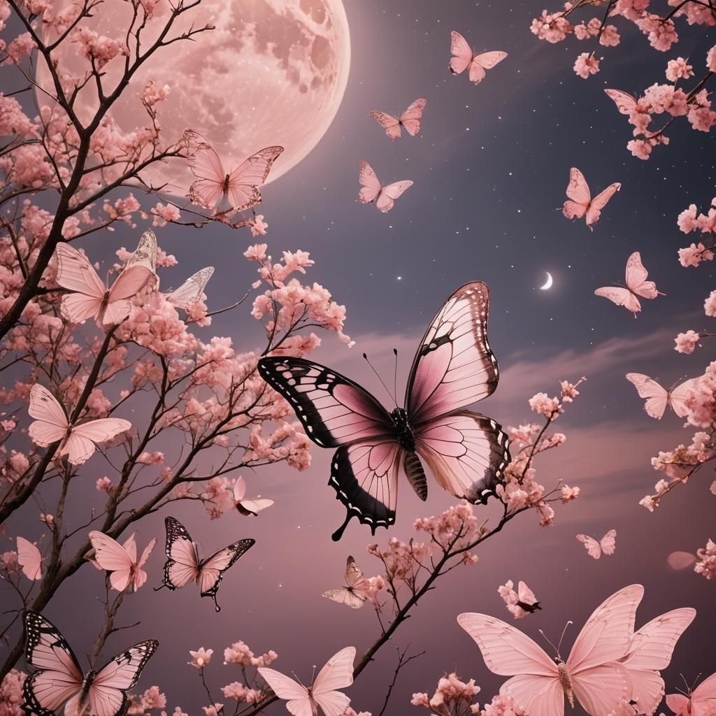 Pink Butterfly Emerges from Pink Moon: 3D Anime Art