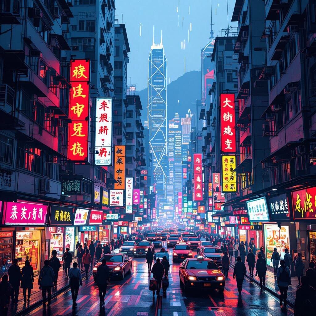 Neon Hong Kong Sidewalk in Dystopian Future Style