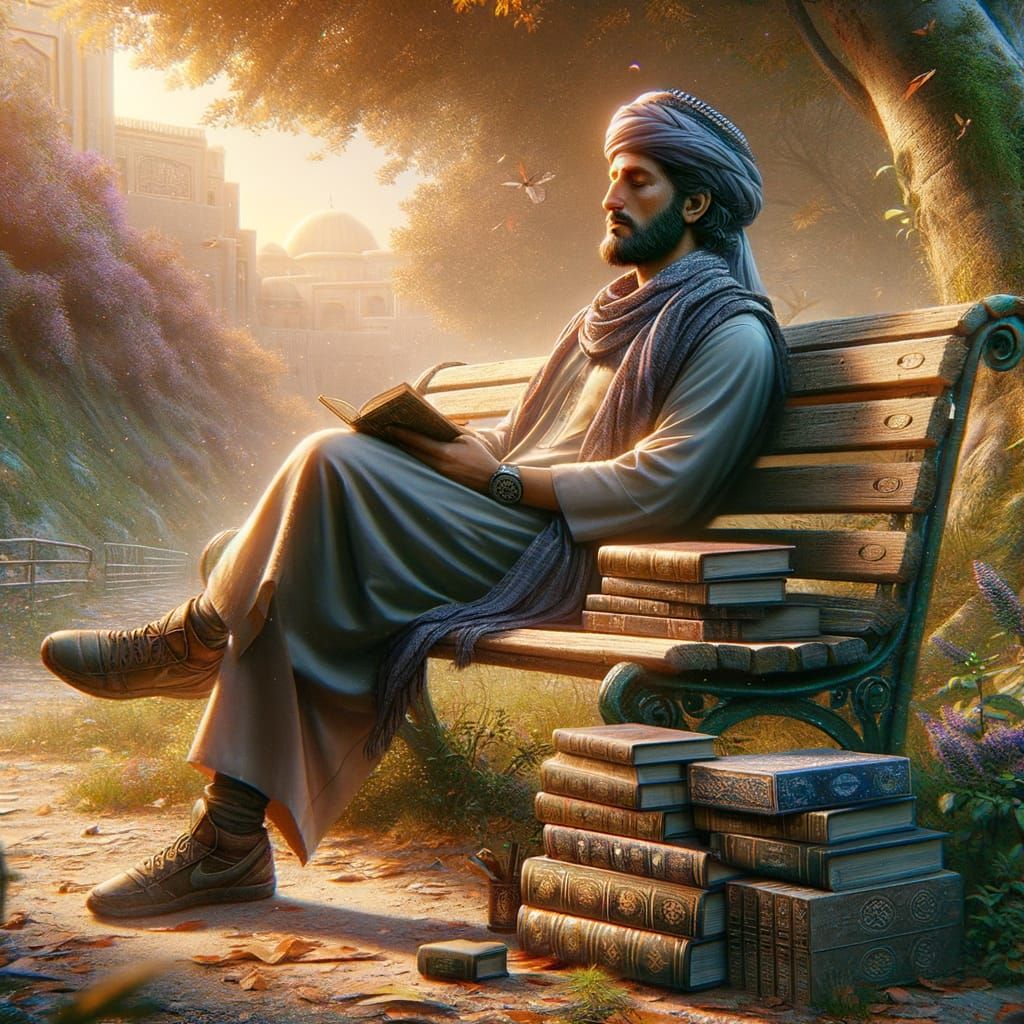 Thoughtful Man on Park Bench with Books in Matte Painting St...