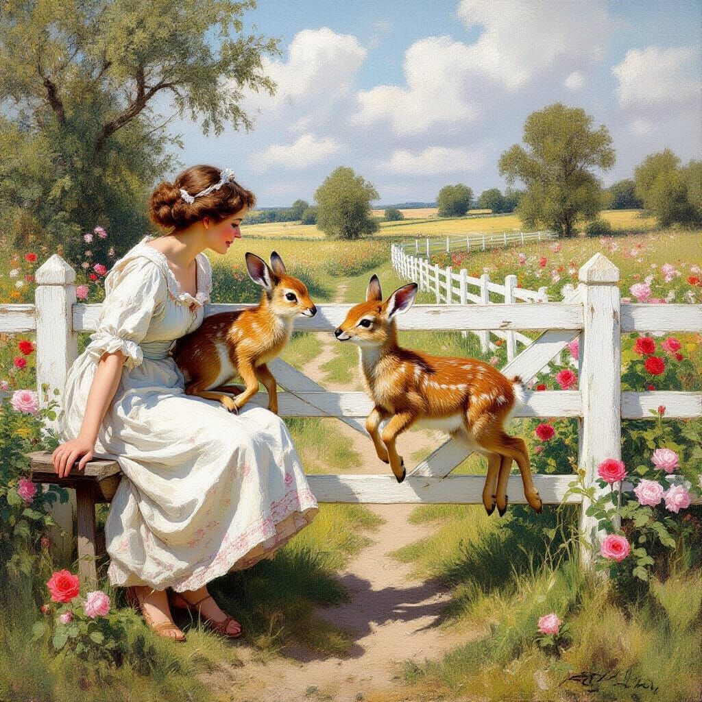 Deer Family Playing in Rose Garden, Romantic Style