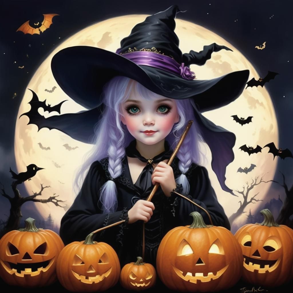 Adorable Halloween Witch in Ethereal Fantasy Style