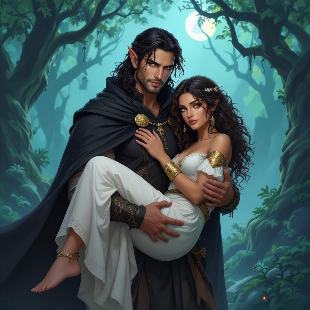 Fae Warrior Carries Woman Through Mystical Forest