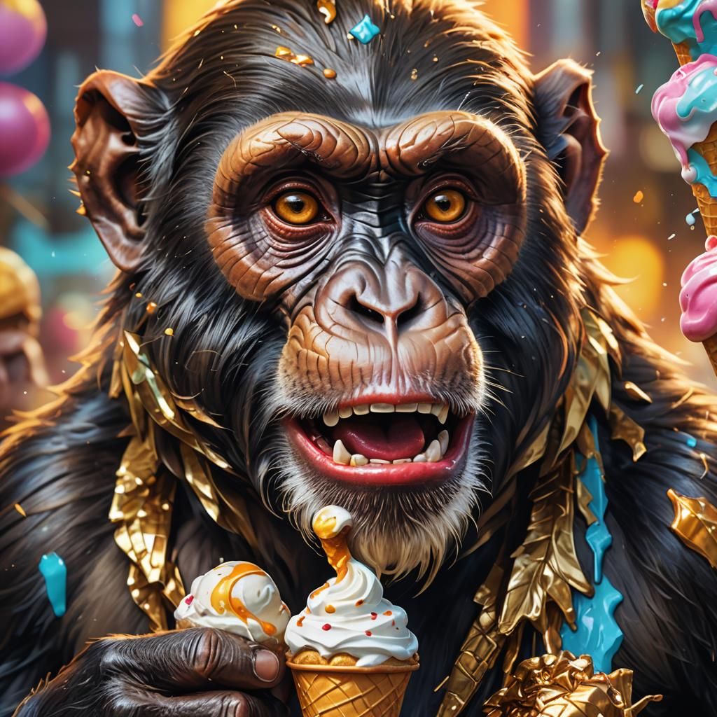 Monkey Licking Ice Cream in Comic Book Style