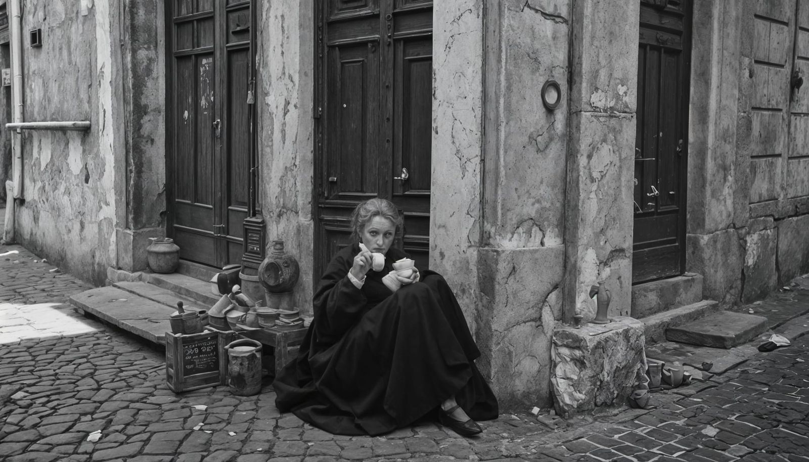 Woman Selling Ceramics in Naples, 1885, in Black and White