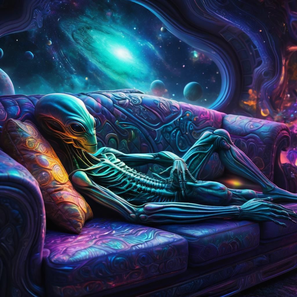 Space Alien on Astral Couch in Mixed Media Style