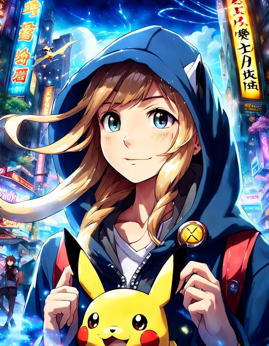 Grand Fantasy City with Pikachu Hoodie: Anime Art