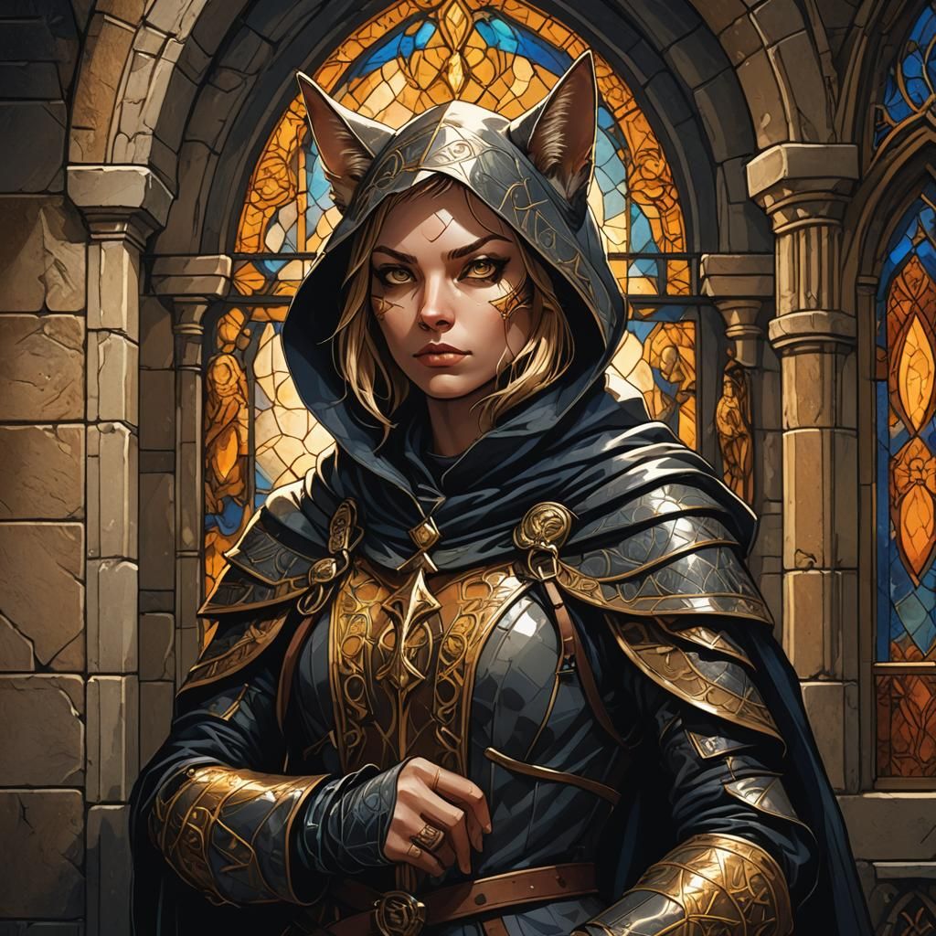 Cat-Eared Thief in Medieval Castle Corridor