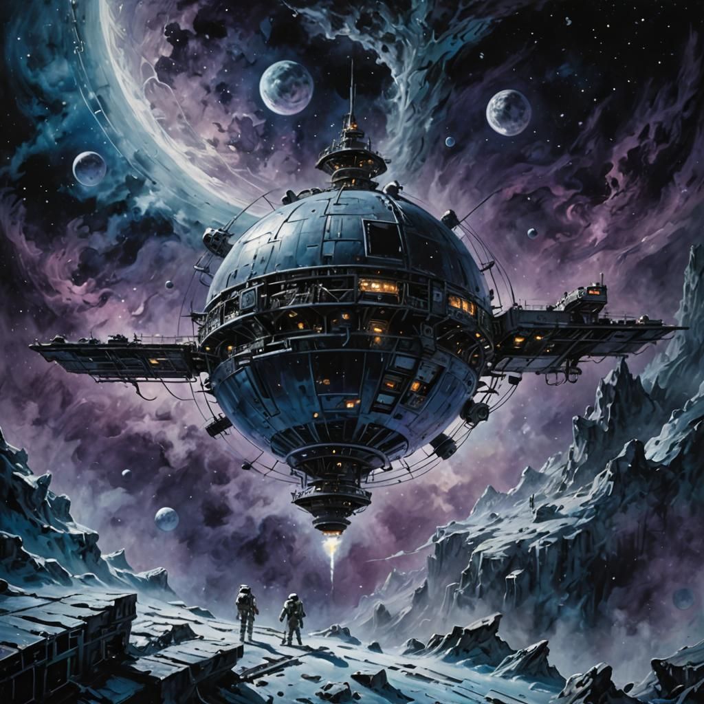 Space Station Orbiting Moon as Oil Painting