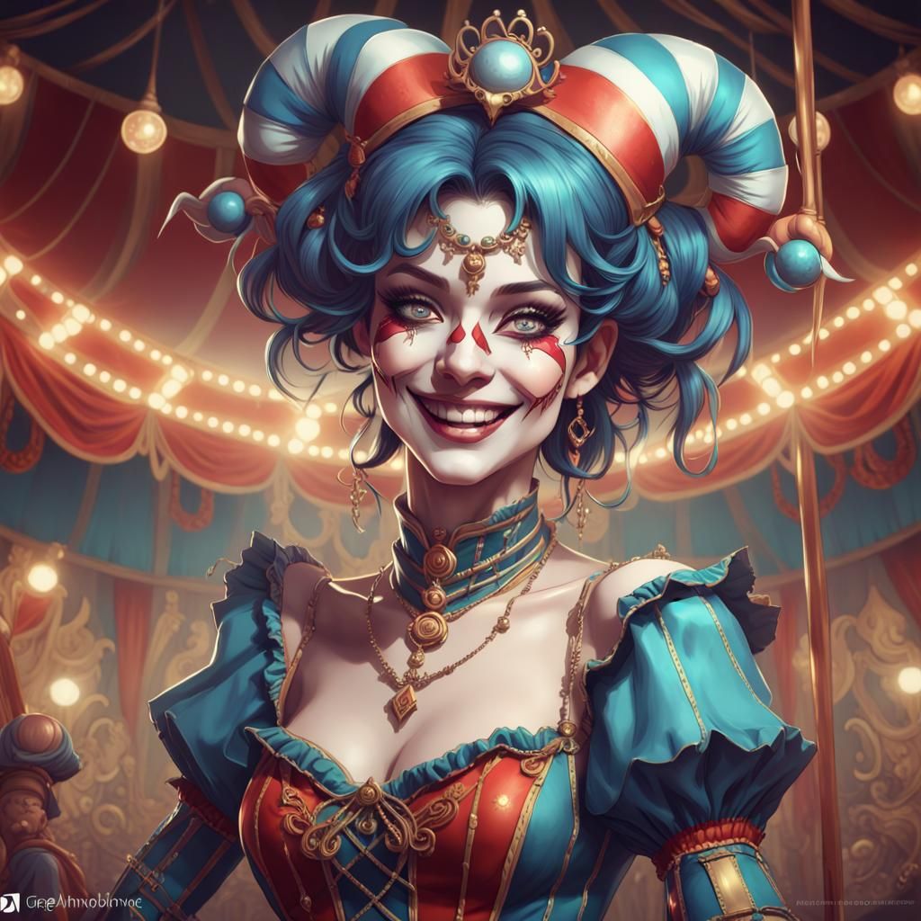 Gothic Anime Jester Portrait in Circus Ambiance