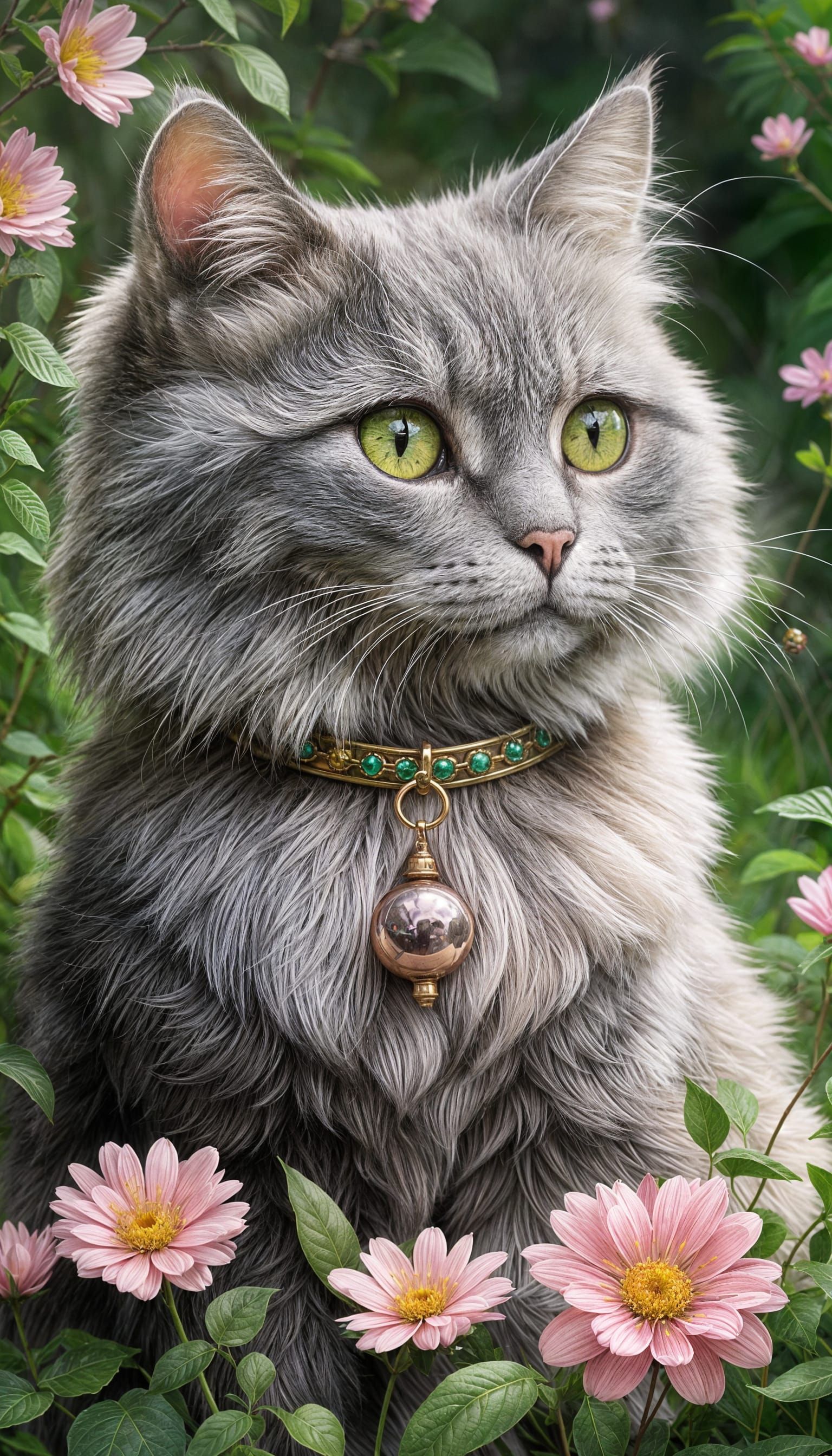 Whimsical Grey Cat in Lush Garden Setting