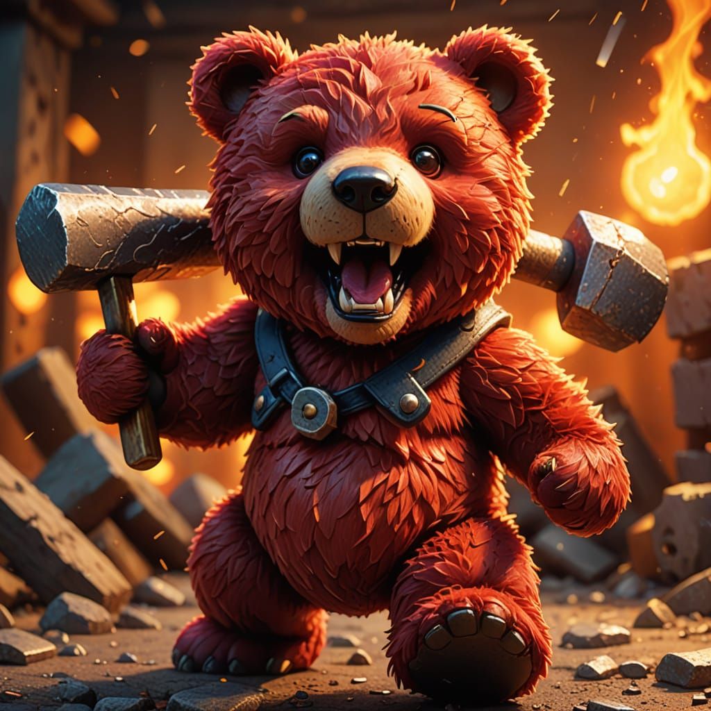 Fearsome Red Teddy Bear Charges With Hammer, Golden Hour Glo...