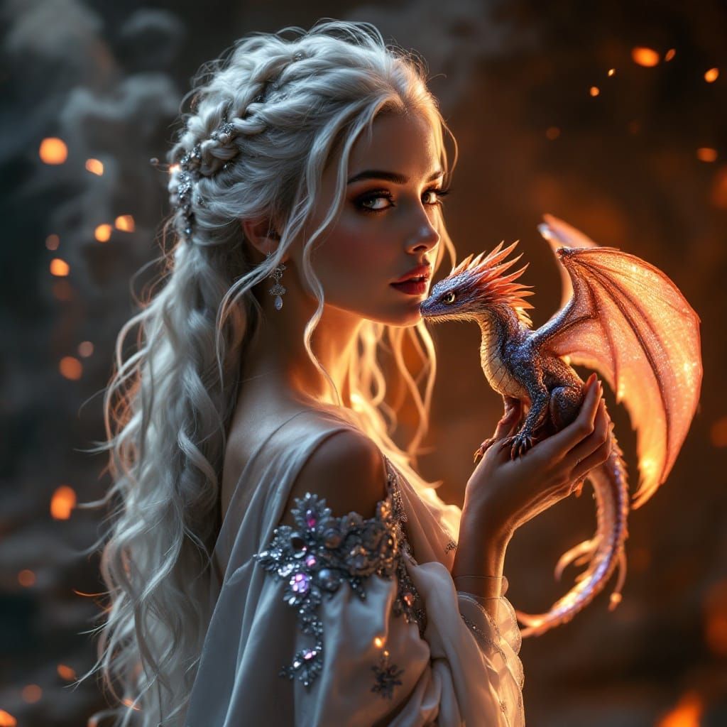 Regal Woman with Iridescent Dragon in Cinematic Style