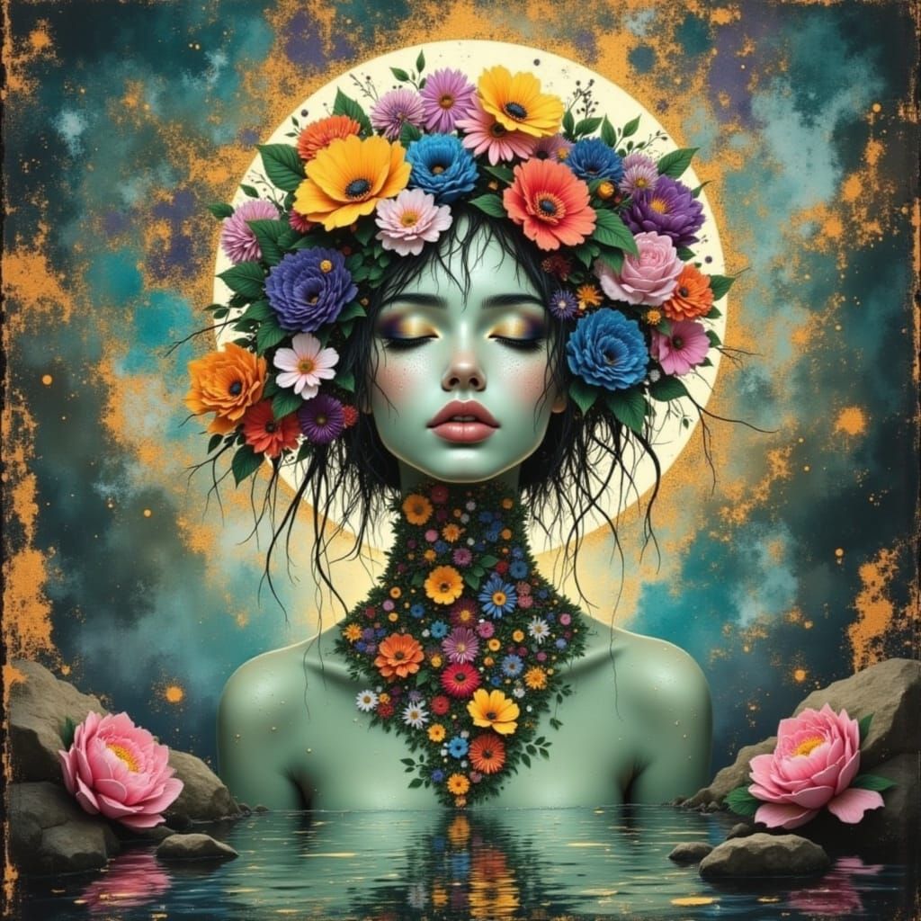 River Goddess Walking on Water with Floral Adornments