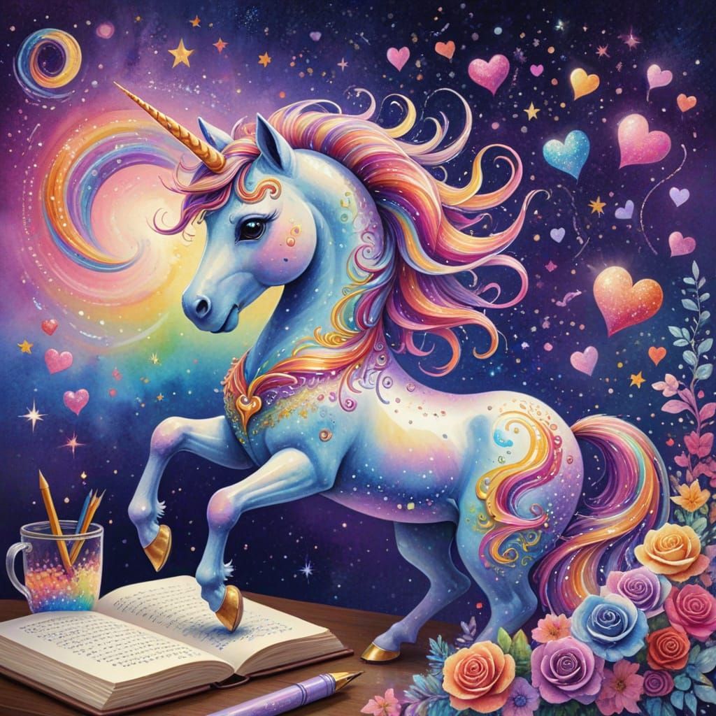 Whimsical Unicorn at Desk in Fantasy Art