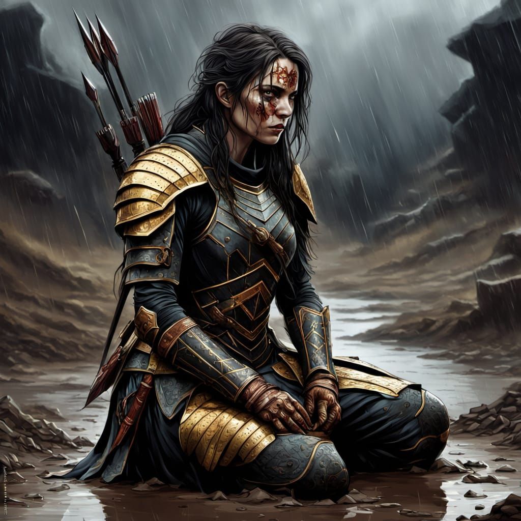 Wounded Warrior Kneeling in Mud: Dark Fantasy