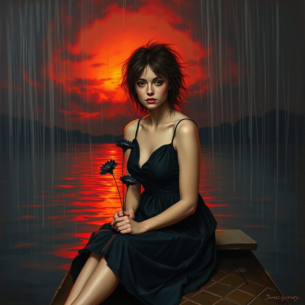 Woman on a Lake Dock in a Moody Sunset