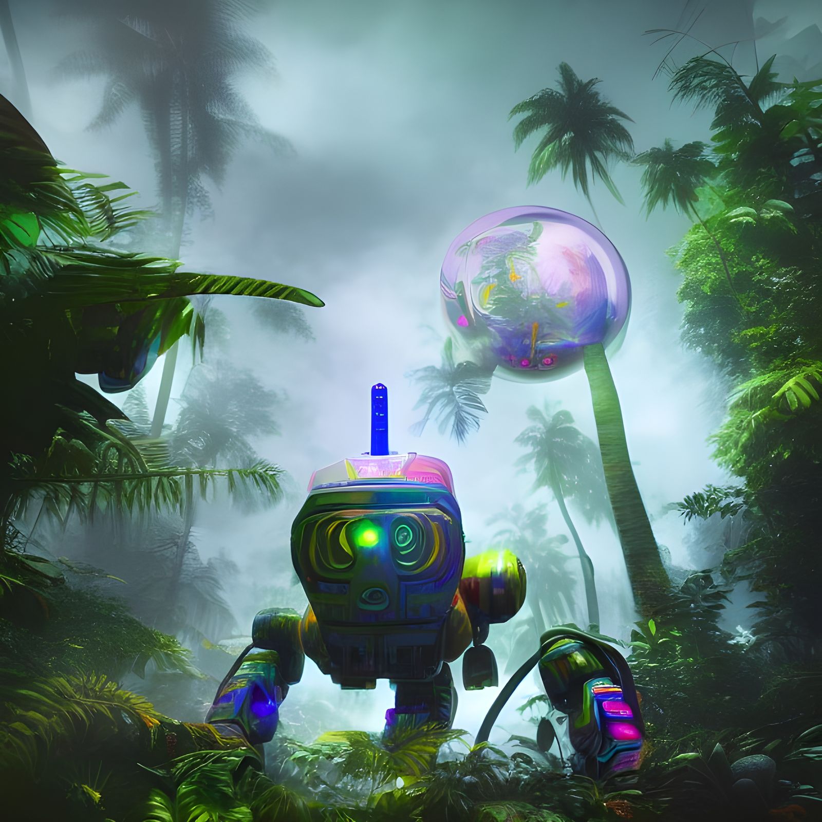 Giant Creature Emerges from Jungle in Cyberpunk Style