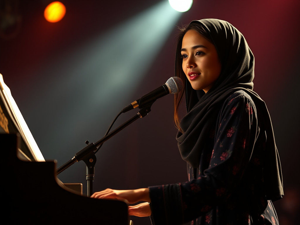 Woman in Hijab Plays Piano on Stage: Concert Photography