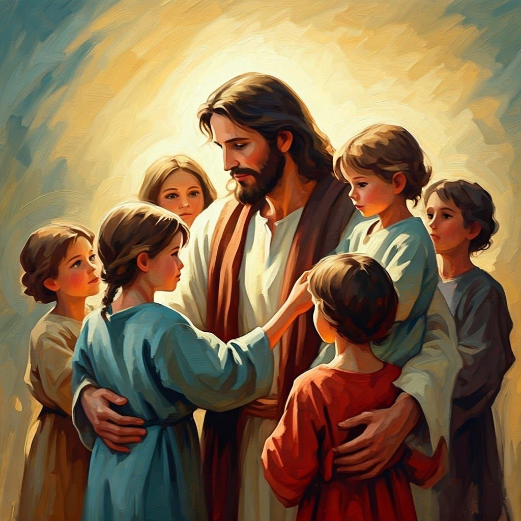 Jesus Teaching Children: An Impressionistic Oil Painting
