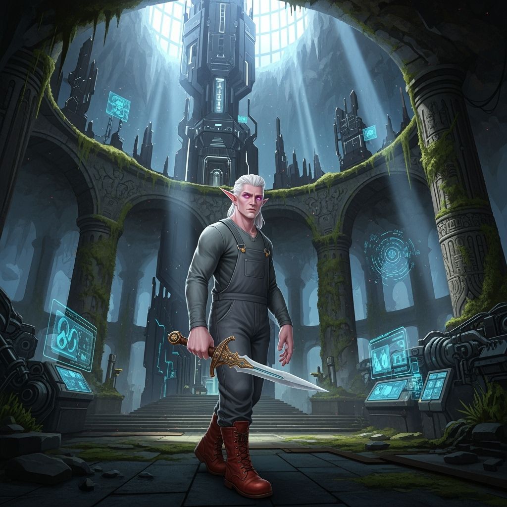 Albino Elf Rogue Exploring a Futuristic Underground City