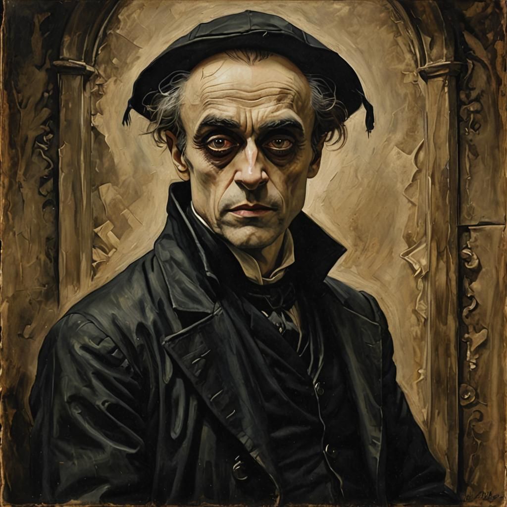 Hyperrealistic Portrait Inspired by Caligari, Oil on Canvas