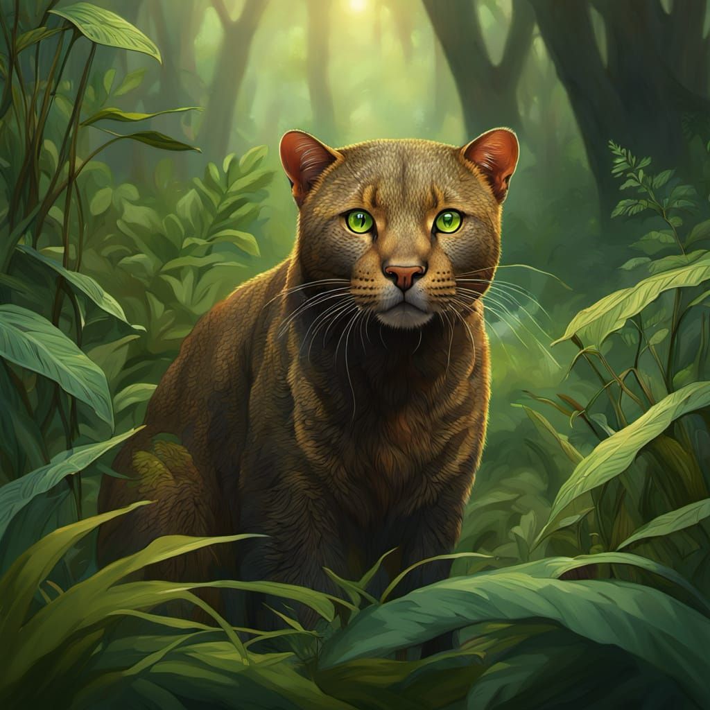 Jaguarundi in Dense Vegetation: A Digital Painting