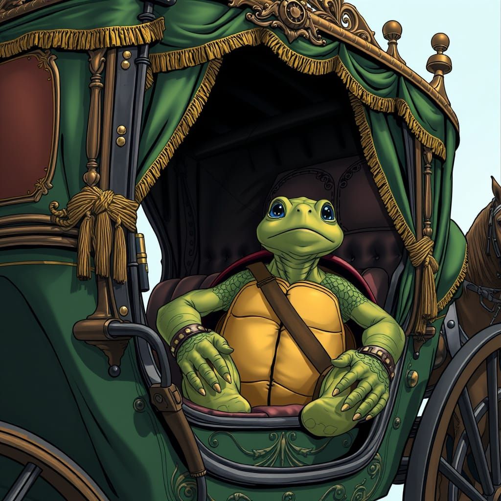 Turtle sitting in front seat of a horse drawn carriage. Carriage is ornate and covered in green drapery with gold thread