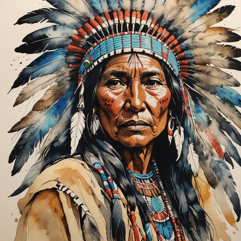 Native American Woman in Ink Watercolor Gouache