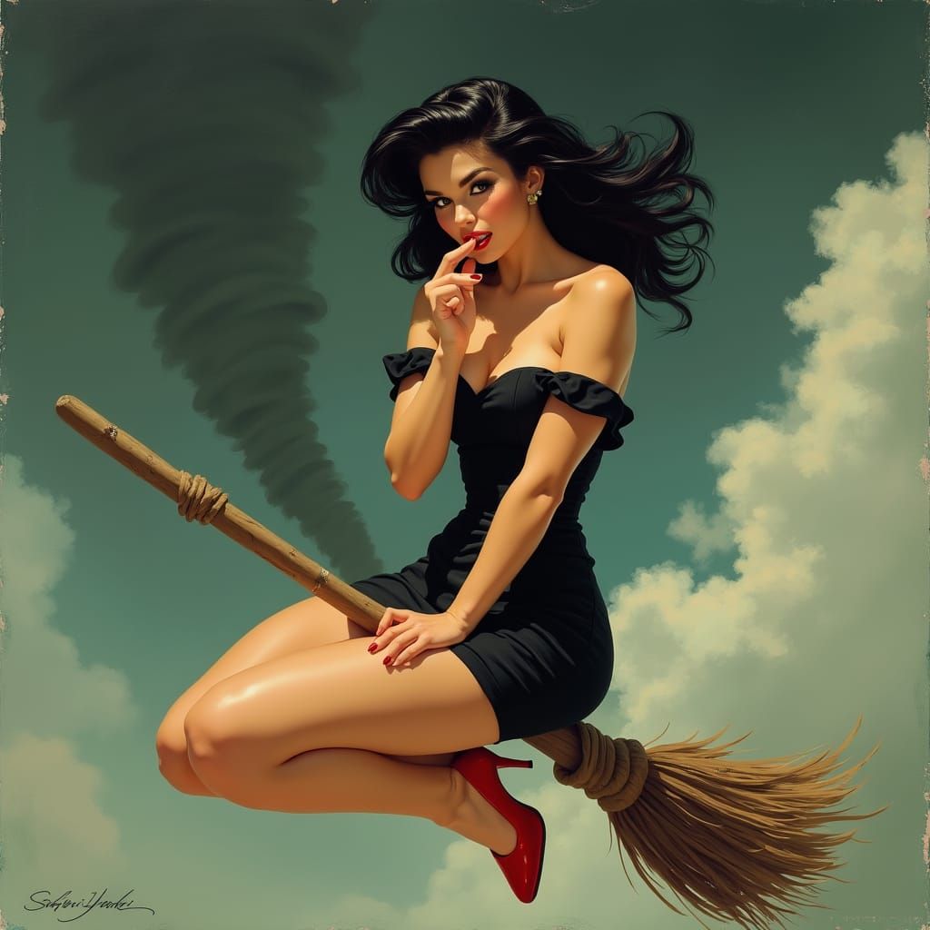 Pinup Witch Bites Finger in Front of Tornado