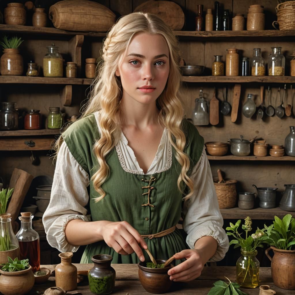 18th Century Herbalist Mixing Potions, Photorealistic Portra...