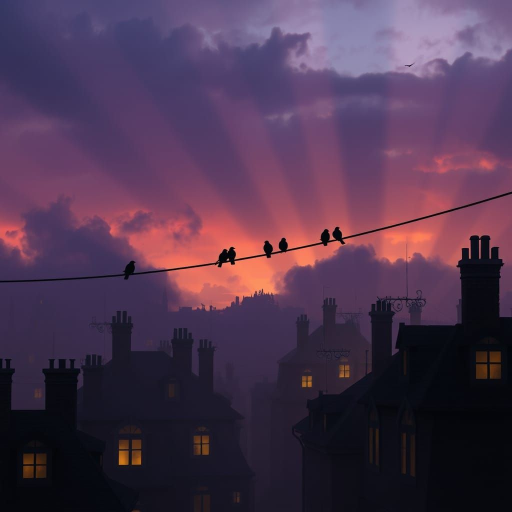 Silhouette Birds on Rooftops at Dusk