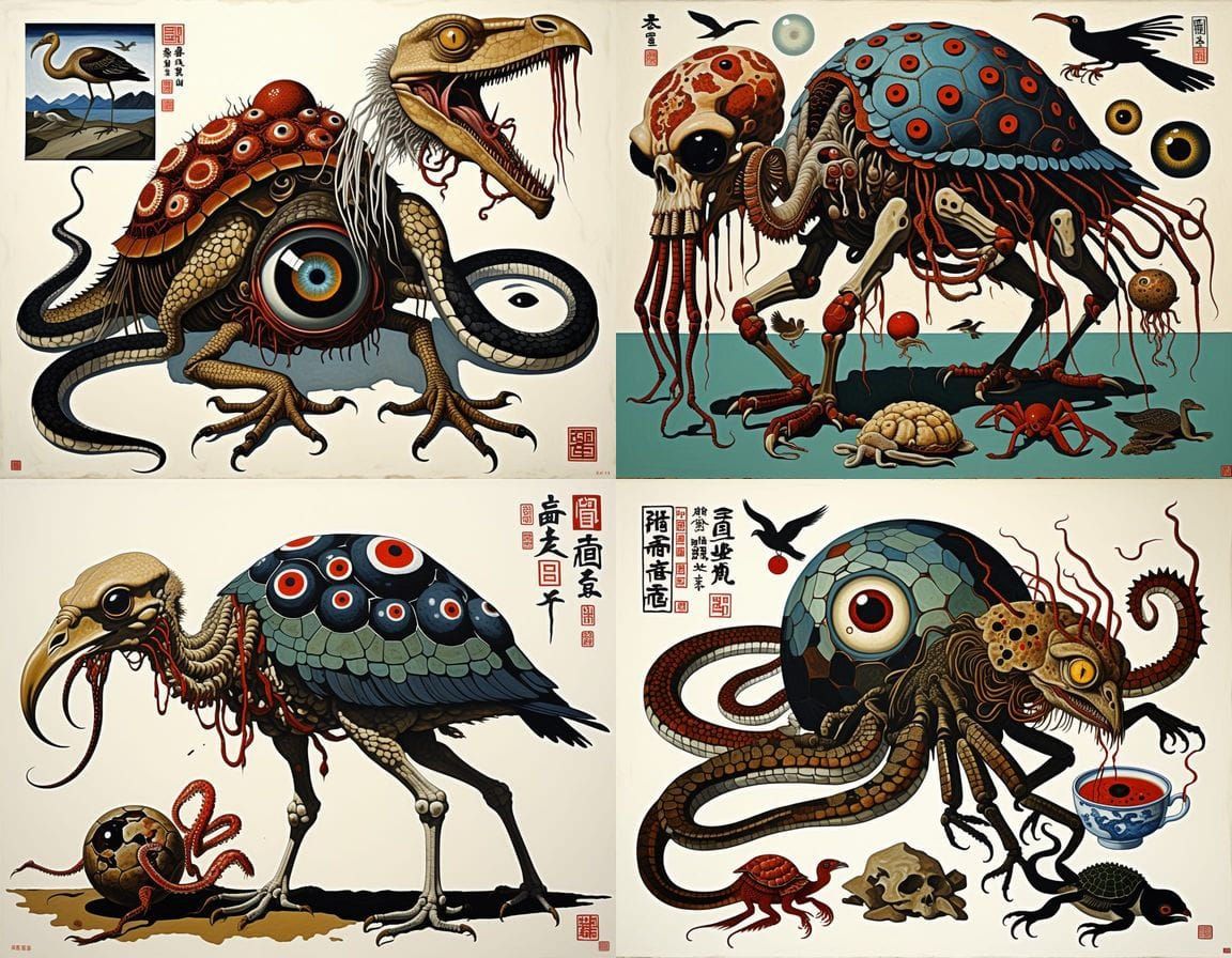 Surreal Ukiyo-e Mythical Creature Collage in Egon Schiele St...