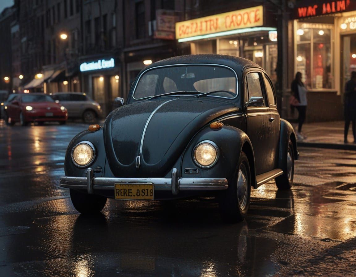 Rainy City Nights: A Vintage Volkswagen Beetle Smiles