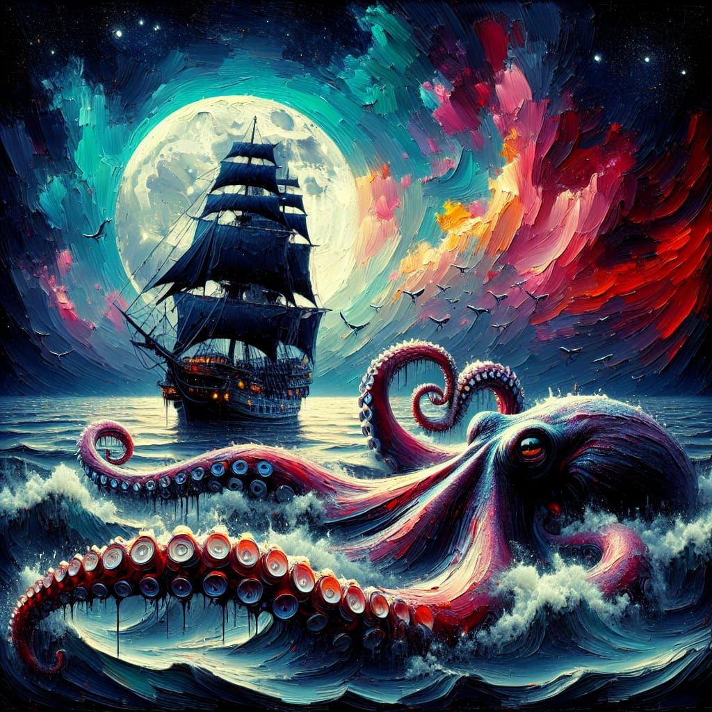Giant Octopus Attacks Pirate Ship, Oil Painting