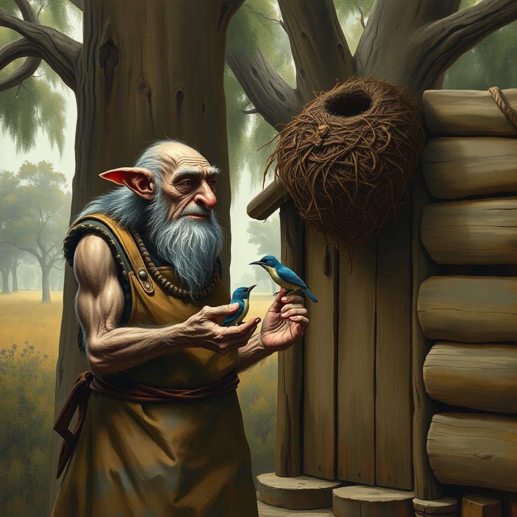 Ogre's Heartwarming Rescue of Baby Bird in Tonalist Style