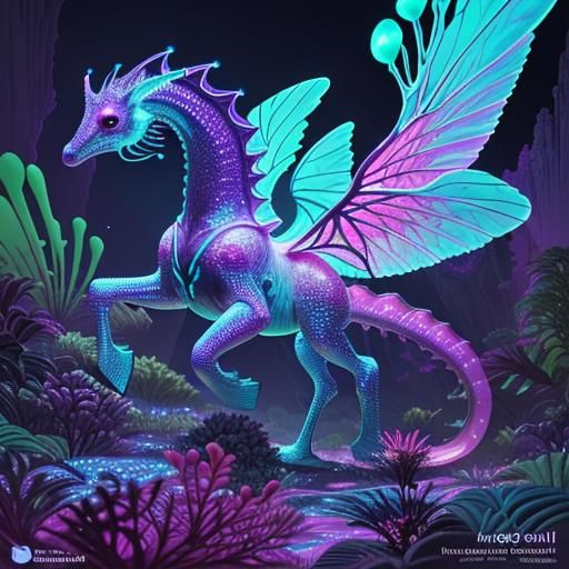 Glowing Seahorse Creature in Bioluminescent Cave