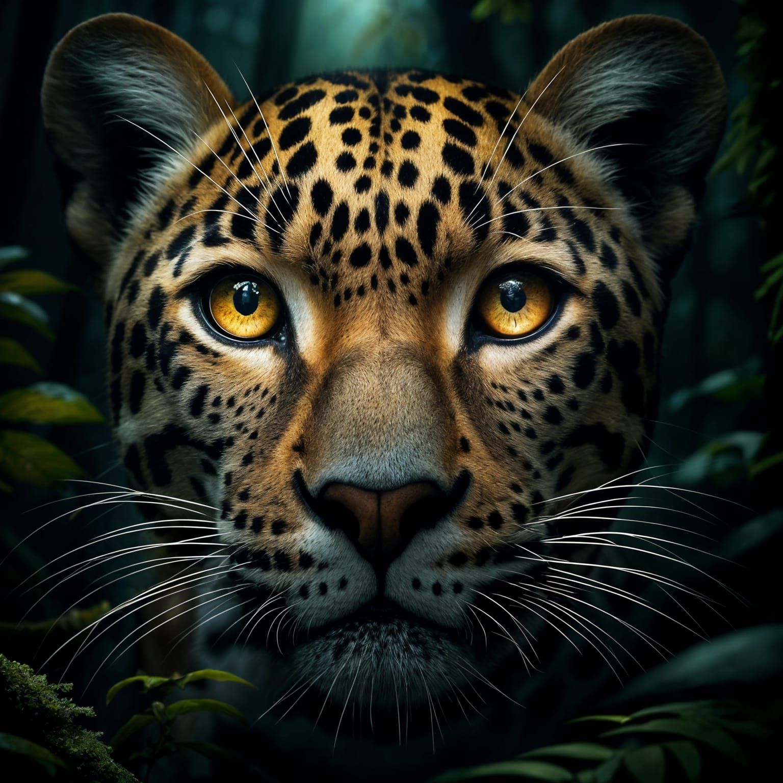 Leopard's Golden Gaze in Rainforest Night