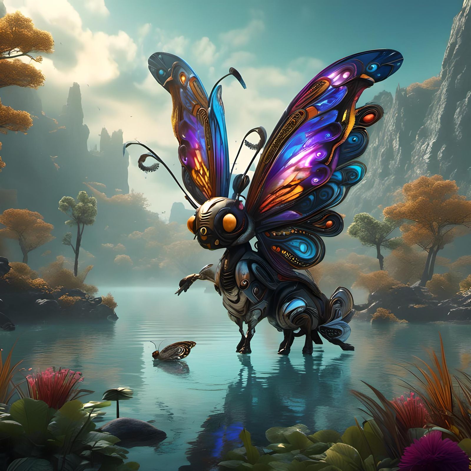 <lora:Enigmatic:1.0> A cute fantasy hybrid mythical futuristic butterly- cyberpunk creature, with eagle eyes, a cross br...